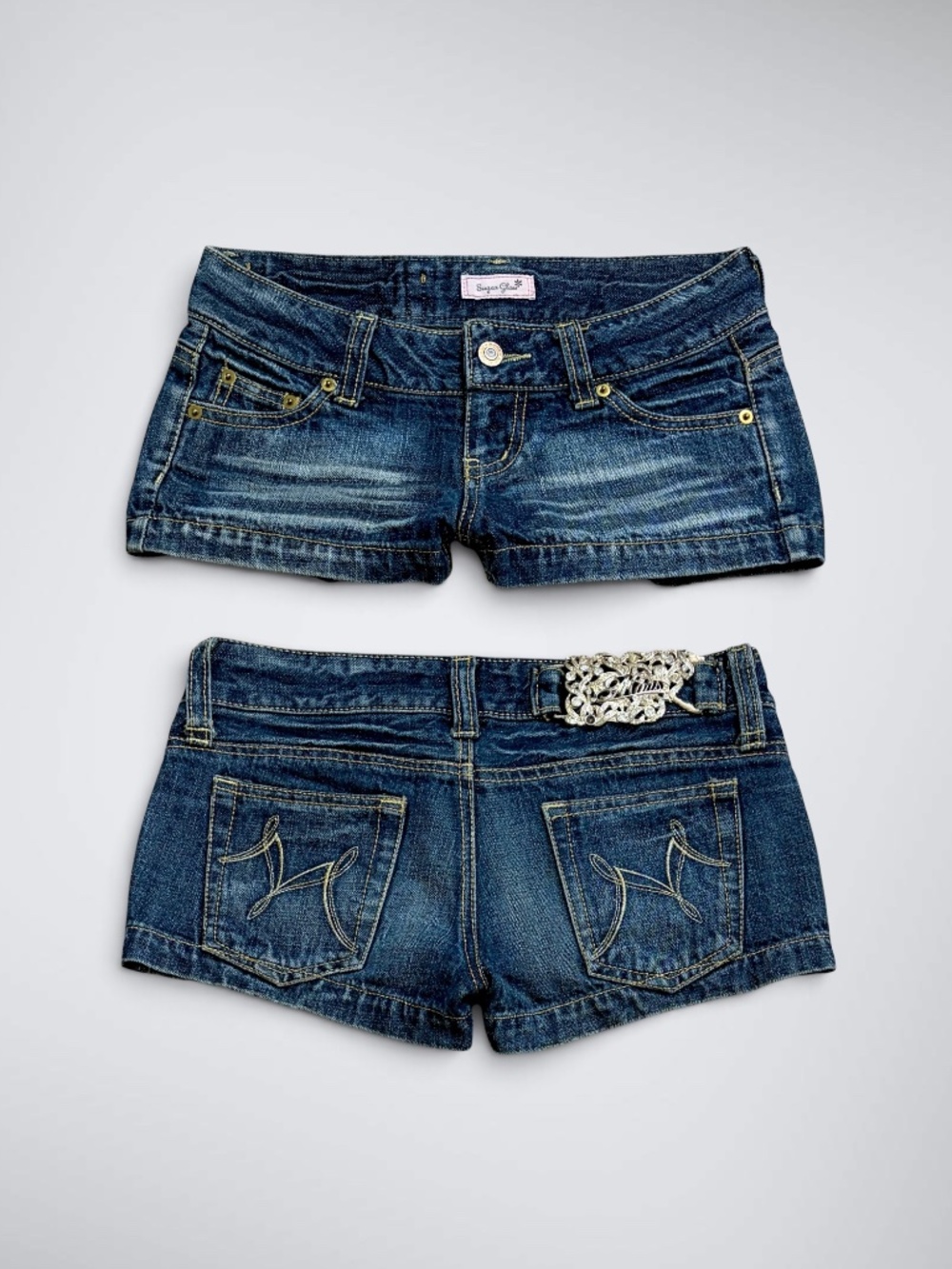 Y2K Archival Sugar Gloss M*RS Japanese Gyaru Ultra Low Rise Micro Denim Shorts